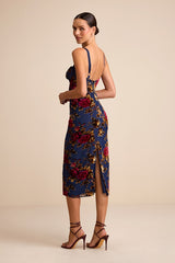 Tessa Navy Floral Velvet Burnout Column Midi Dress