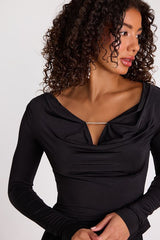 Zeffie Black Cowl Neck Rhinestone Long Sleeve Top