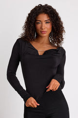 Zeffie Black Cowl Neck Rhinestone Long Sleeve Top