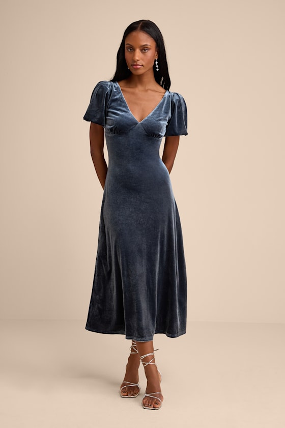 Obrissa Slate Blue Velvet Puff Sleeve Tie-Back Midi Dress