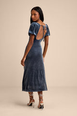 Obrissa Slate Blue Velvet Puff Sleeve Tie-Back Midi Dress