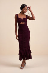 Aelara Dark Plum Mesh Ruched Trumpet Midi Dress
