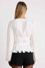 Kipton White Plisse Hook-and-Eye Long Sleeve Top