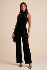 Micola Black Velvet Jacquard Mock Neck Jumpsuit