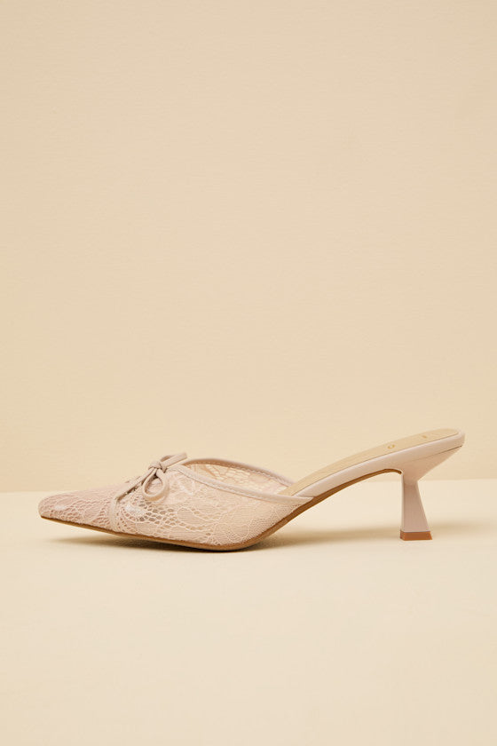 Lacey Blush Lace Bow Kitten Heel Mule Pumps