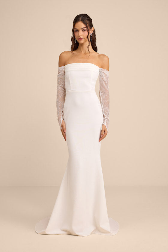 Anabella White Off-the-Shoulder Mermaid Maxi Dress