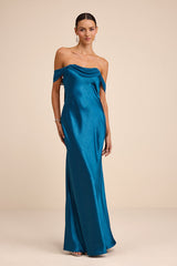Alaida Teal Blue Satin Off-the-Shoulder Maxi Dress