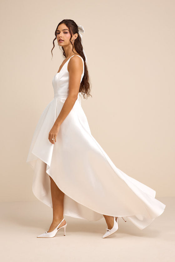 Rosabelle White Taffeta Bustier High-Low Maxi Dress