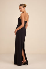 Jovia Black Rhinestone Bow Strapless Maxi Dress