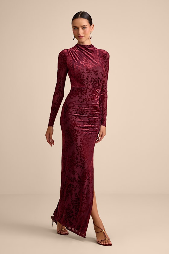 Neilina Burgundy Velvet Jacquard Mock Neck Maxi Dress