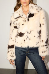 Saler Beige Cow Print Faux Fur Zip-Front Jacket
