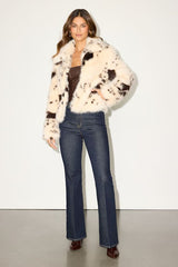 Saler Beige Cow Print Faux Fur Zip-Front Jacket