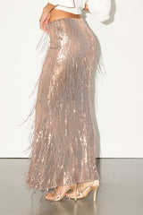 Audrina Rose Gold Sequin Fringe Mid-Rise Maxi Skirt