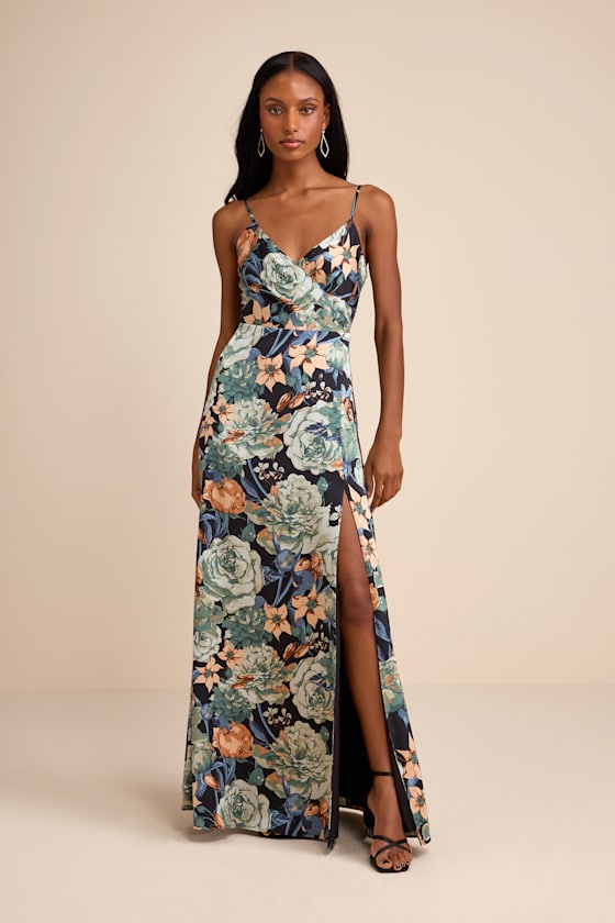 Radiant Occasion Black Multi Floral Satin A-Line Maxi Dress