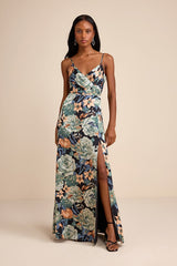 Radiant Occasion Black Multi Floral Satin A-Line Maxi Dress