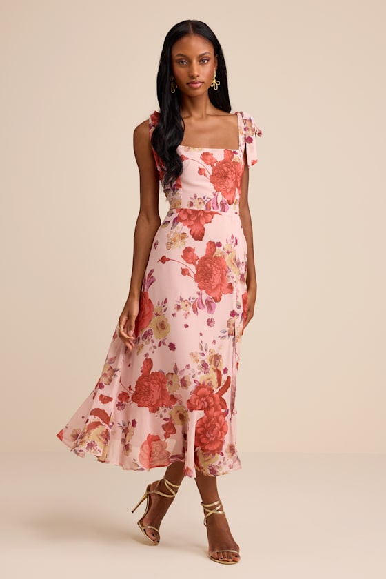 Summer Invite Blush Pink Floral Tie-Strap Tiered Midi Dress
