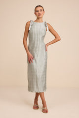 Nuala Sage Green Pleated Sleeveless Bow Midi Dress