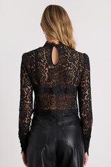 Celita Black Sheer Eyelash Lace Long Sleeve Crop Top