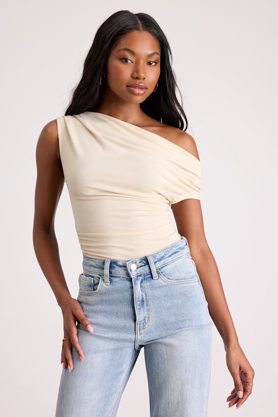 Expert Poise Ivory Ruched One-Shoulder Top