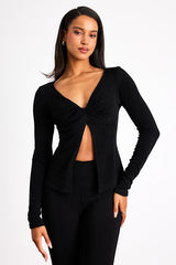Myron Black Ribbed Knit Twist-Front Long Sleeve Top