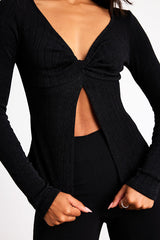 Myron Black Ribbed Knit Twist-Front Long Sleeve Top