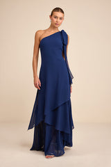 Camellia Dark Blue One-Shoulder Bow Maxi Dress