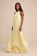 Dorala Light Yellow Pleated Lace-Up Tiered Maxi Dress