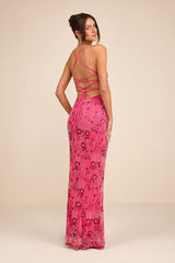 Arella Hot Pink Beaded Sequin Laxe-Up Maxi Dress