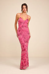 Arella Hot Pink Beaded Sequin Laxe-Up Maxi Dress