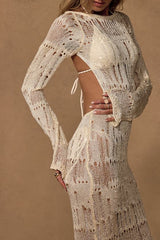 Salise Shiny Cream Distressed Maxi Swim Cover-Up