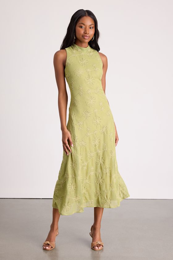 Danalee Lime Green Abstract Floral Embroidered Midi Dress
