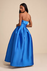 Novalie Blue Taffeta Pleated Strapless A-Line Maxi Dress