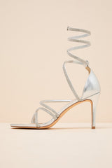 Georgie Silver Rhinestone Ankle Wrap High Heel Sandals