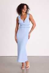 Faylis Light Blue Crochet Ruffled Lace-Up Midi Dress