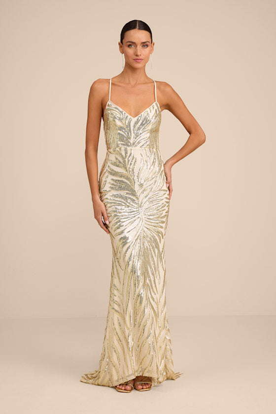 Sparkle 'til Dawn Gold Sequin Lace-Up Mermaid Maxi Dress