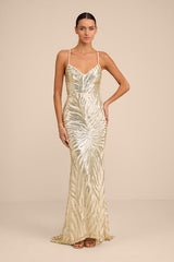 Sparkle 'til Dawn Gold Sequin Lace-Up Mermaid Maxi Dress
