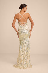 Sparkle 'til Dawn Gold Sequin Lace-Up Mermaid Maxi Dress