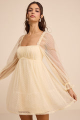 Dreamy Sweetness Beige Swiss Dot Ruffled Mini Babydoll Dress