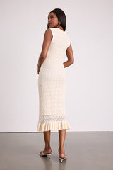 Nusa Cream Crochet Ruffled Column Midi Dress
