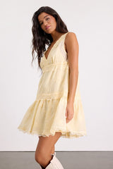 Romy Light Yellow Lace Tiered Shift Mini Dress