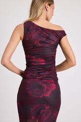 Camella Dark Plum Floral Mesh Asymmetrical Top