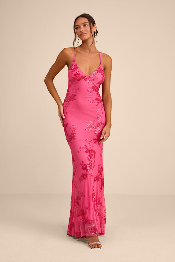 Valhalla Hot Pink Sequin Lace-Up Maxi Dress
