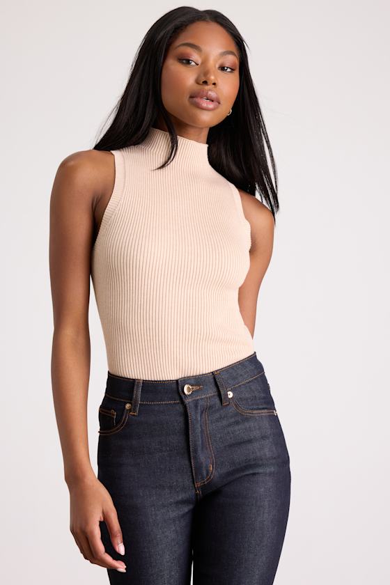 Seasonal Sophistication Beige Ribbed Mock Neck Sweater Tank Top