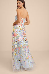 Rosario Light Blue Multi 3D Floral Embroidered Maxi Dress