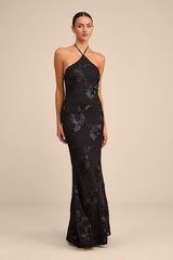 Celyna Black Mesh Floral Applique Maxi Dress