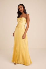 Elkay Yellow Pleated Satin Drop Waist Maxi Dress