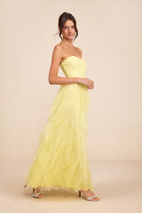 Delightful Beauty Yellow Strapless Ruched Ruffled Maxi Dress
