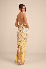 Infinite Praise Yellow 3D Floral Embroidered Halter Maxi Dress