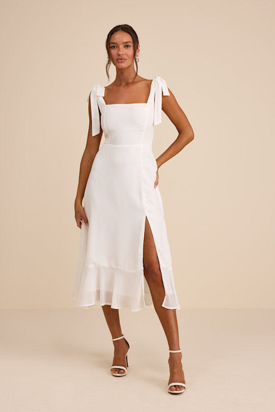 Summer Invite White Tie-Strap Tiered Midi Dress