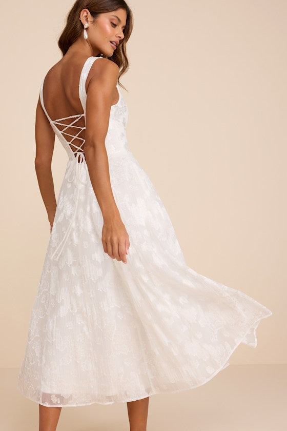 Loira White Burnout Jacquard Lace-Up Midi Dress